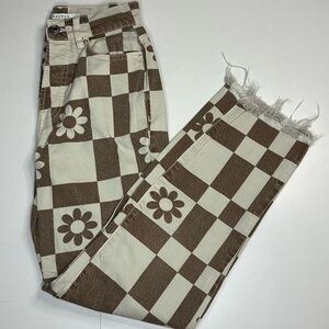 Pacsun Jeans Womens 22 Brown Flower Checkerboard High Rise Straight Pants Button